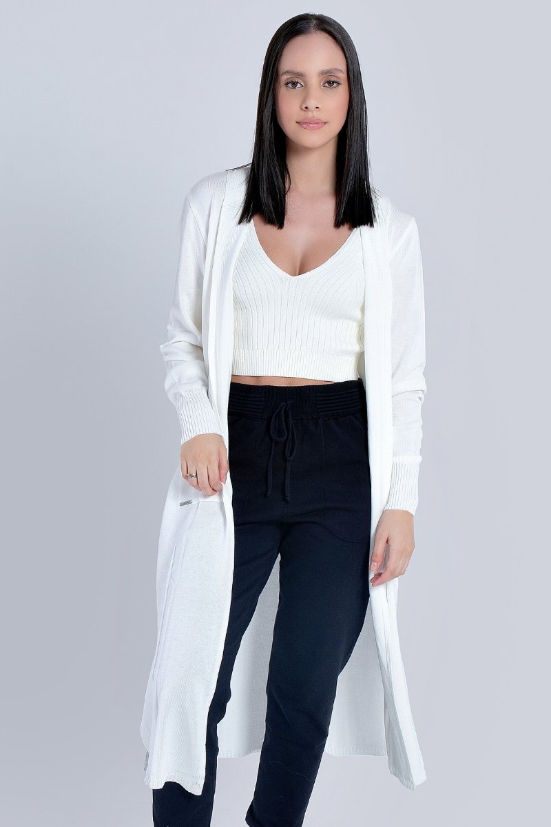 Cardigan Alongado em malha Fina com Bolsos.
